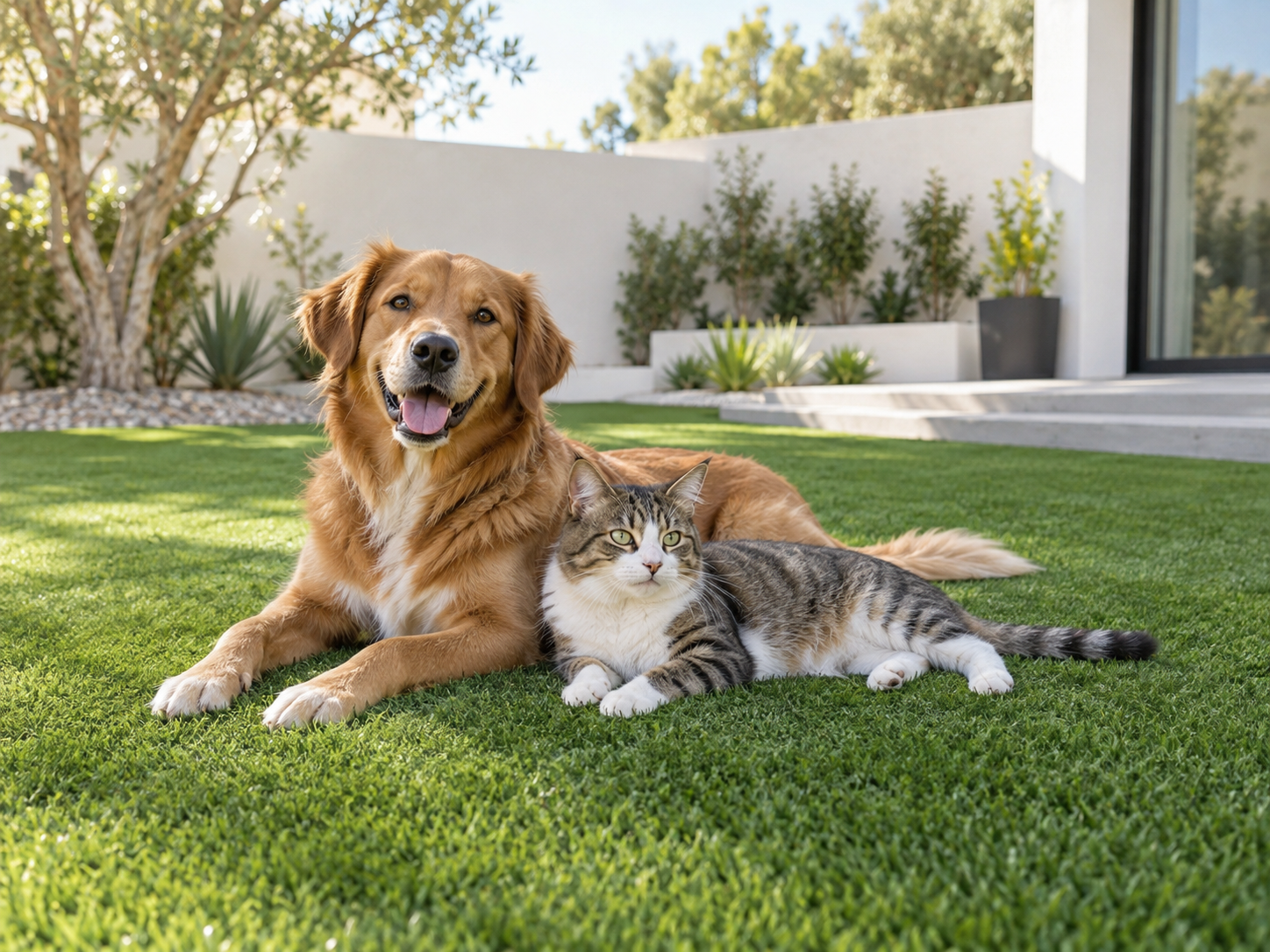 Dog and cat relaxing together on artificial grass