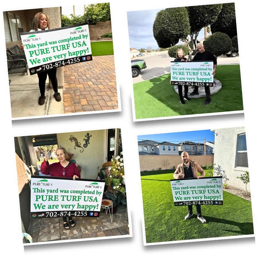 Happy Pure Turf USA customers holding their completed-yard signs
